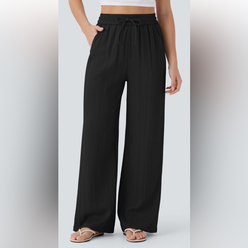 High Waisted Drawstring Pocket Wide Leg Casual Linen-Feel Pants